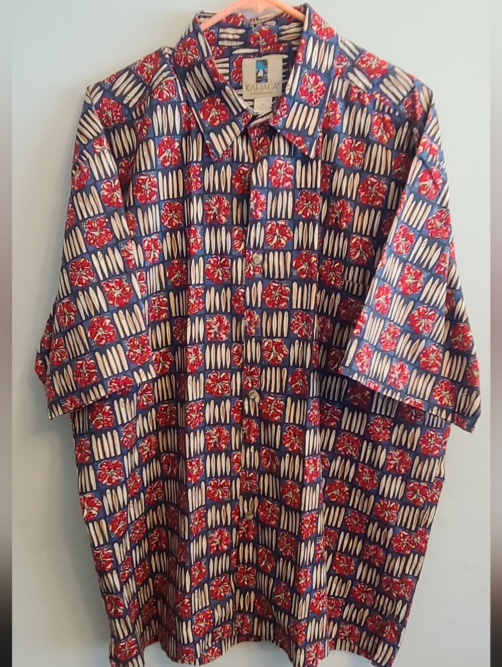 Kahala Men's Blue & Red Hawaiian Print Short-Sleeve Button Down Shirt Size XL